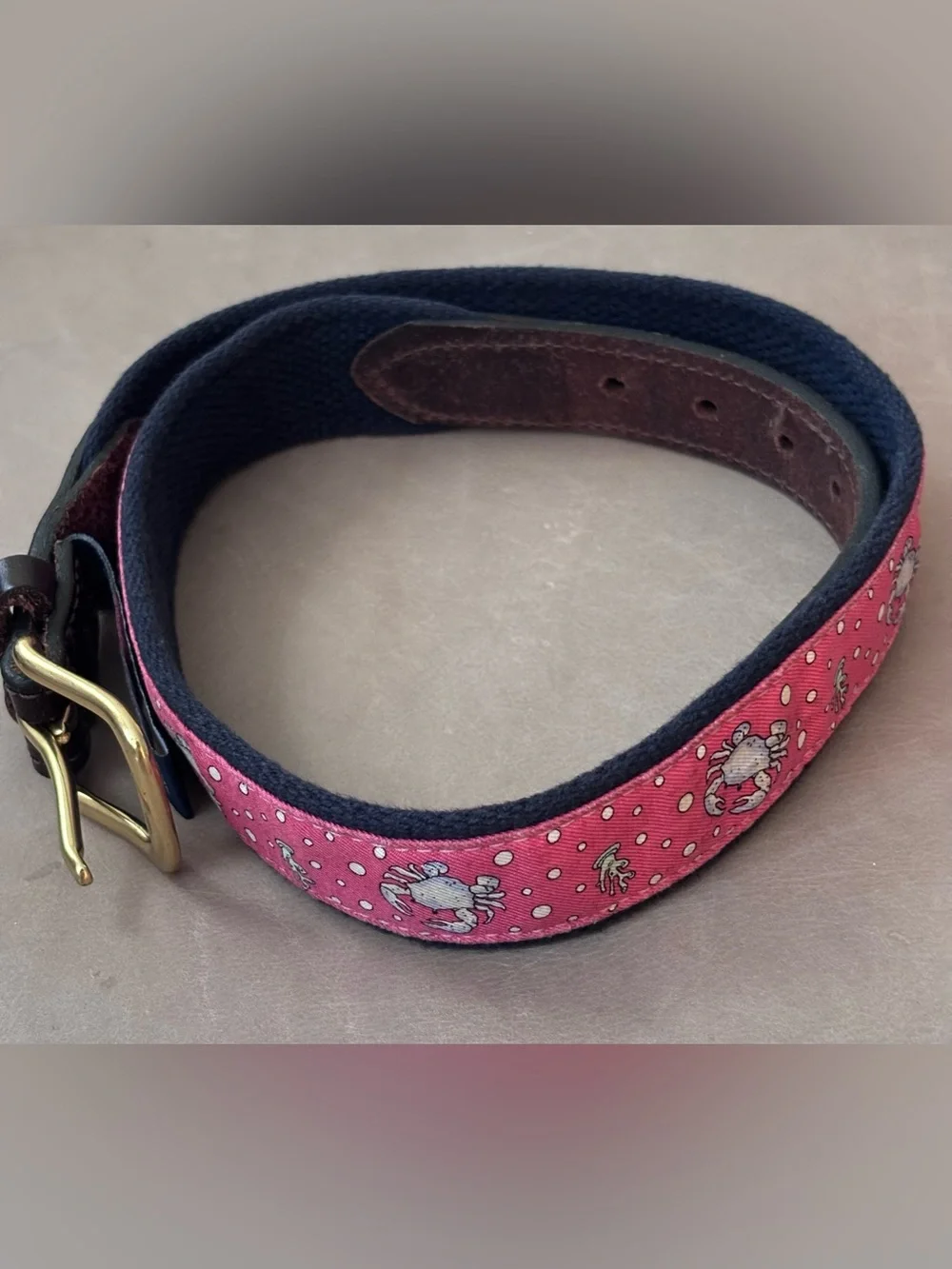 Vineyard Vines Pink Crab Canvas Leather Belt Size 28 Made in USA Solid Brass